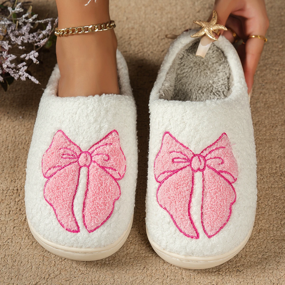 لطيف القوس المرأة نعال تدفئة مريح موضة الشتاء داخل...