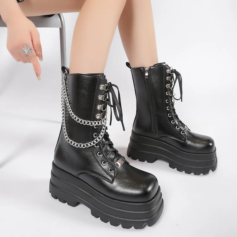 Women Chunky Ankle Boots Platform Boots Fashion Women's 11cm Super High Wedge Shoes Woman Black