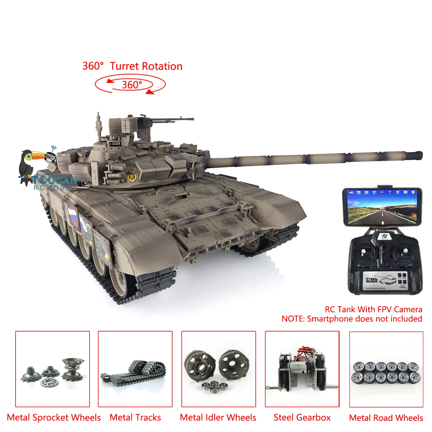 

Heng Long 1/16 7.0 FPV Customized Russia T90 RC Tank 3938 360° Turret Metal Wheels Tracks BB IR Battle for Adults TH17873-SMT8