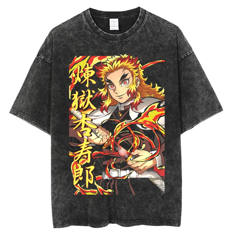 

New Japanese Anime Kimetsu no Yaiba Washed T Shirt Cool Graphic Summer T-shirt Manga Streetwear Tshirt Hip Hop Vintage T shirts