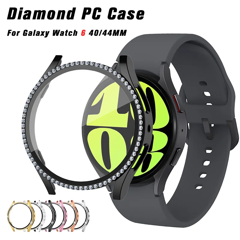 

Glass+Case for Samsung Galaxy Watch 6 40mm 44mm Screen Protector Diamond Bling Crystal PC Bumper Cover Shell for Galaxy watch 6