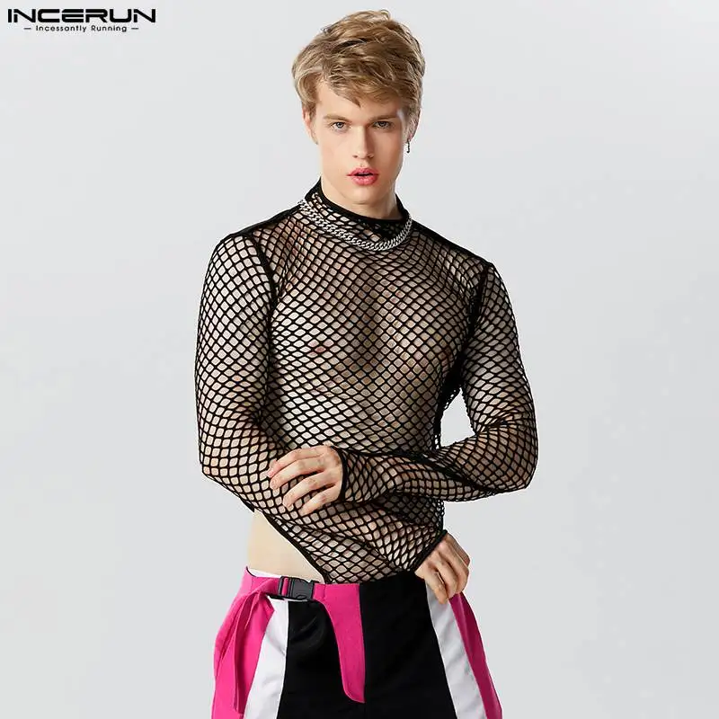 INCERUN 2023 Sexy Men's Homewear Bodysuits Half High Neck See-through Mesh Rompers Casual Male Thimble Long Sleeve Rompers S-5XL