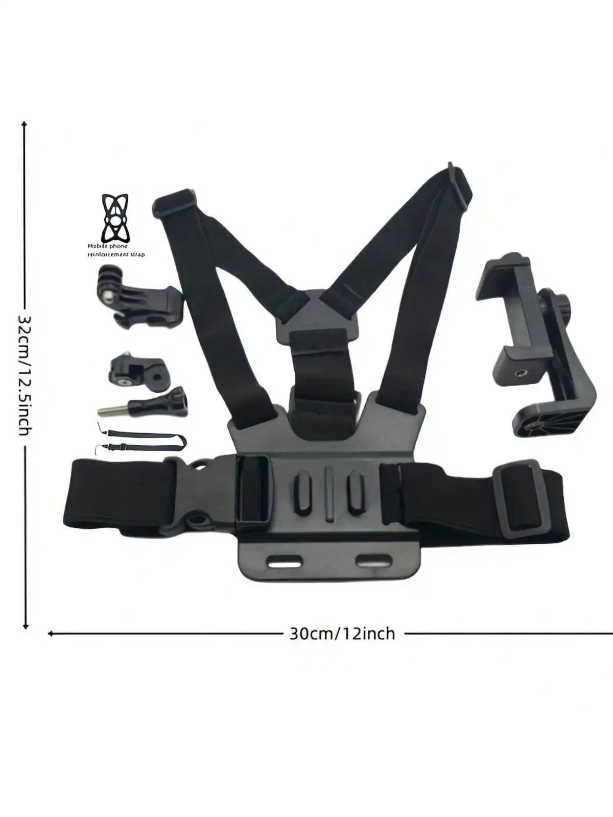 Vue latérale du stabilisateur de téléphone à fixation pectorale anti-vibration pour caméras d'action, montrant les sangles ajustables.