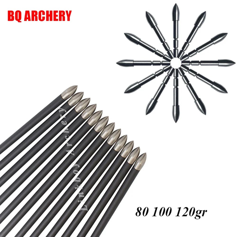 Archery Arrowhead 12pcs Stainless Steel Insert Arrow Point Archery Arrow Head 80-120 Grains for 4.2mm Shaft OD5.4-6.0MM