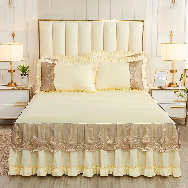 

Beige Lace Bedding Bedspread Sheet Pillowcases 1/3pc Korean Princess Soft Bedskirt Mattress Cover Solid Color Bedroom Bedclothes