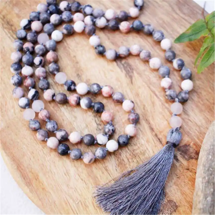 8mm Pink Zebra stone 108 Beads Gemstone Tassel Mala Necklace Couples Hipster Formal event Religious Unisex Peace Bohemian