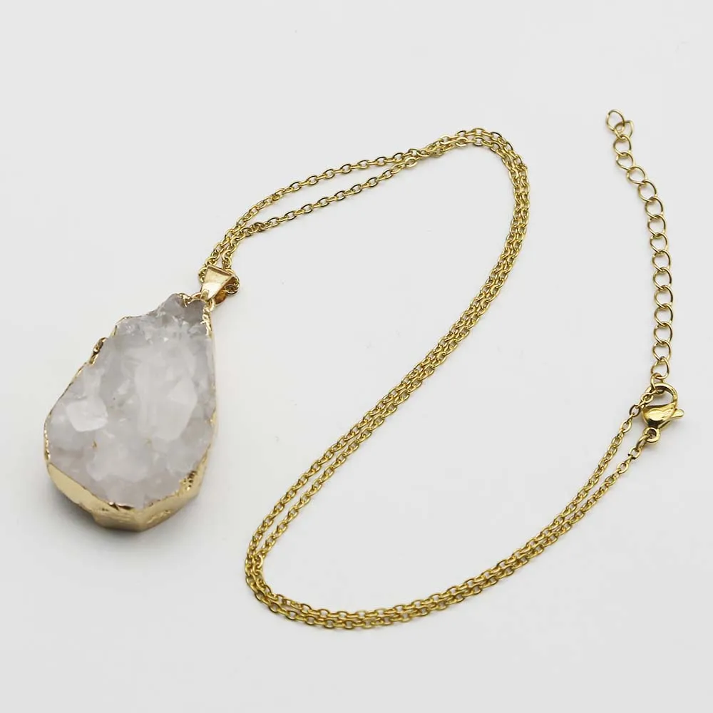 Natural White Crystal Drop Pendant Temperament Women's Stainless Steel Chain Phnom Penh Necklace Charm Fashion Jewelry Gift 4Pcs