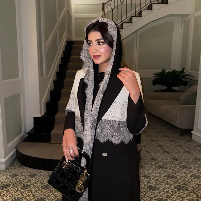 Modest Lace Trim Abaya Middle East Open Front Abaya Headscarf Lapel Abaya Long Sleeve Kaftan Robe Muslim Dress For Women 4