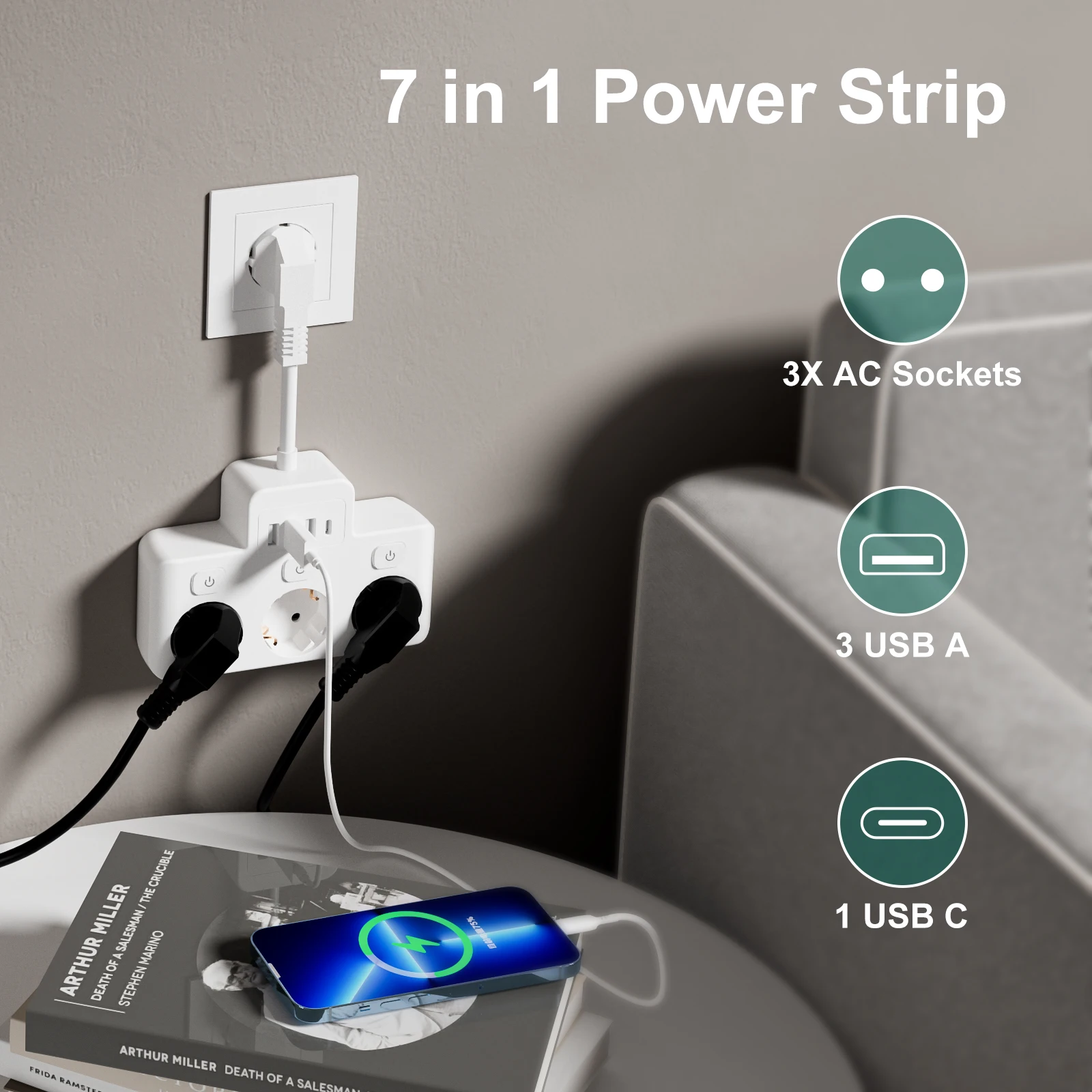 EU Plug Power Strip 3AC Outlet Multitap Extension Cord Electrical Socket With 3 USB and USB C with Protective Contact White S1df0e2c97c9349529b07b88aebe7f1a4b