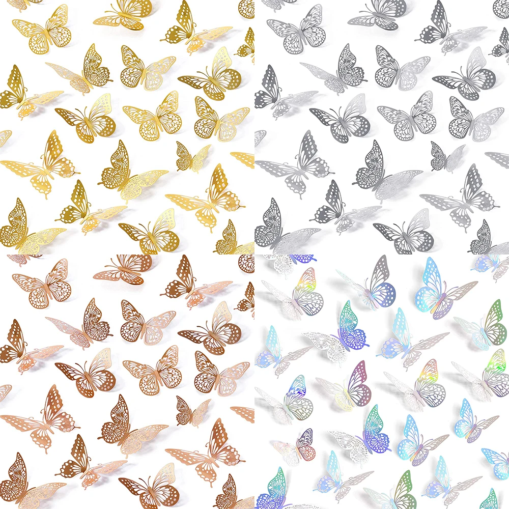 Gold3DButterflyWallDecoration12PcsSliverRoseGoldWallStickers