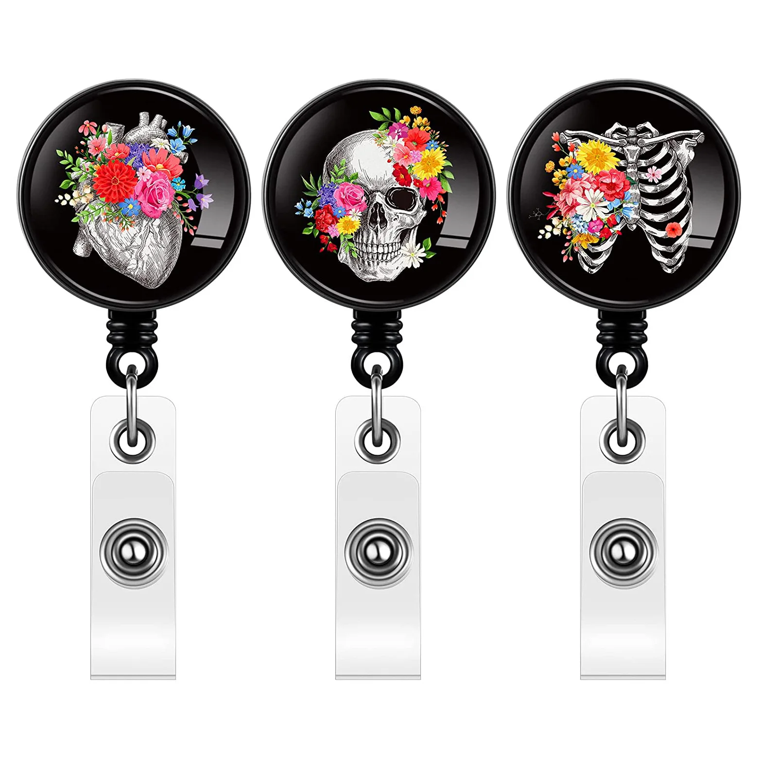 Carrete de insignia de enfermera de Hospital, Floral, Calavera, corazón, esqueleto, gotas de pegamento, soporte de identificación retráctil, soporte de tarjeta de nombre, llavero