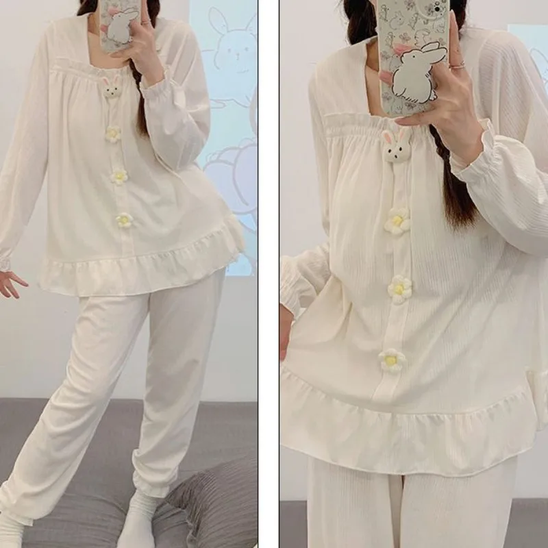 Cotton Pajamas with Chest Pad Spring Autumn Long Sleeve Pyjamas Plus Size Loose Nightdress Square Collar Lace Home Dress Set