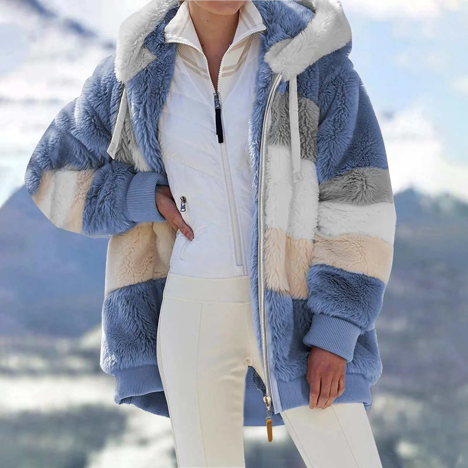 Winter Fleece Cardigan Jacket Warm Plush Panel Zipper Pocket Hooded Loose Coat Plus Size Thick Women Faux Fur Hoodies Outwear