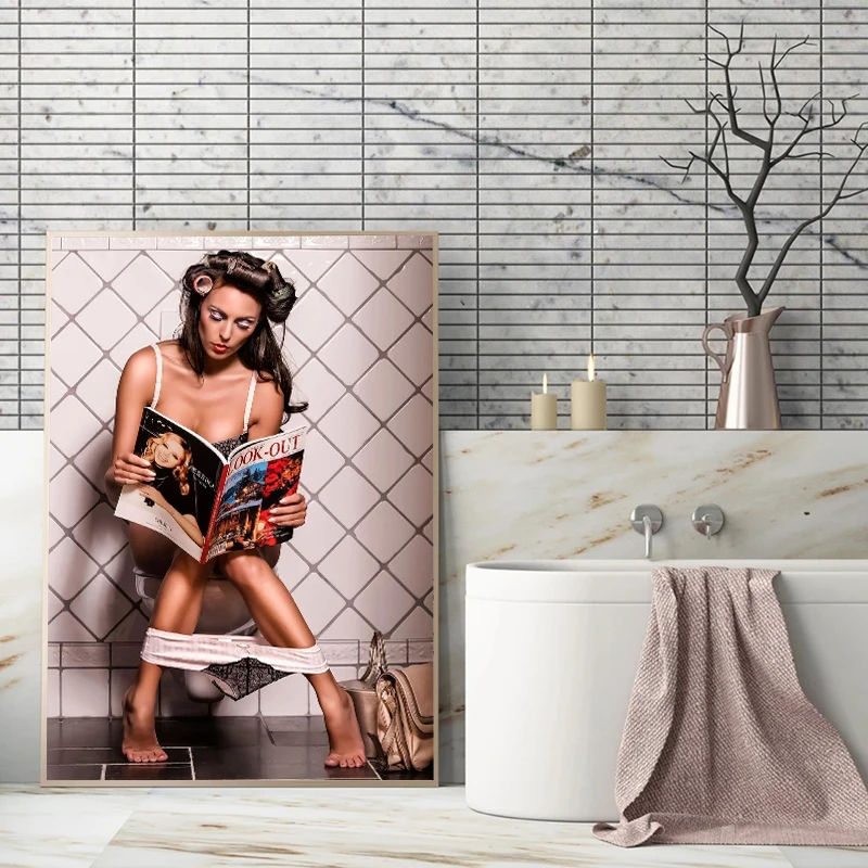 

Sexy Fashion Women Read The Newspaper on The Toilet Poster Modern Photography Canvas Painting Wall Art Pictures for Living Room