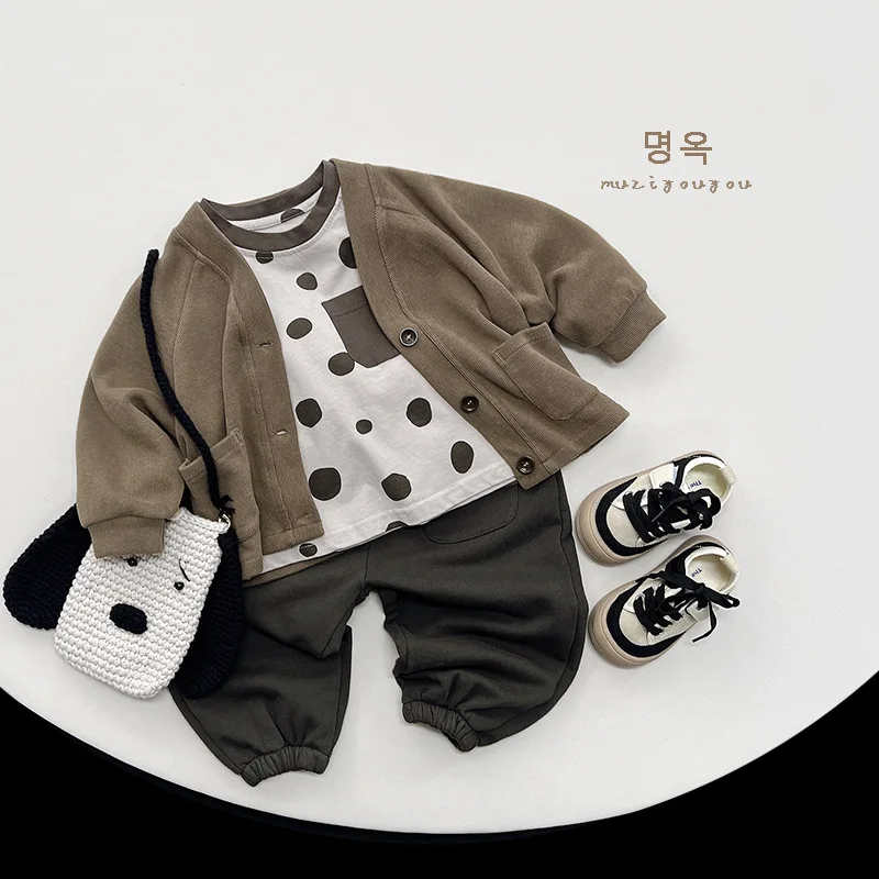 어린이용 긴팔 라펠 캐주얼 코트, 레트로 가디건, 단색 포켓 재킷, 패션 옷, 남아 여아, 2024 용수철 신제품