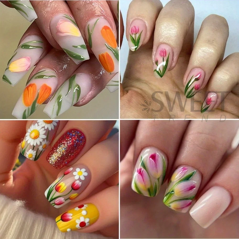 Simple Tulips Flower Nail Stickers 12 Designs Colorful Bouquet Bow Sunflower Water Decals Nail Art Decoration Watermark Florals