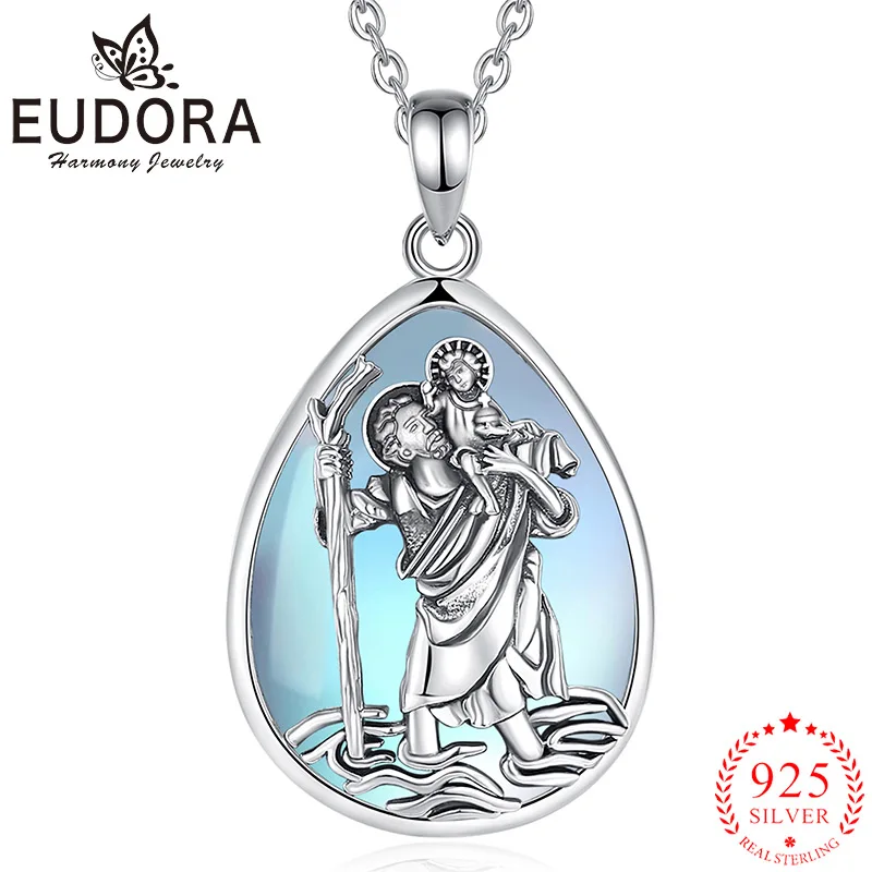 

Eudora 925 Sterling Silver Saint Christopher Necklace Moonstone Religious Pendant Personality Jewelry Men Women Exquisite Gift