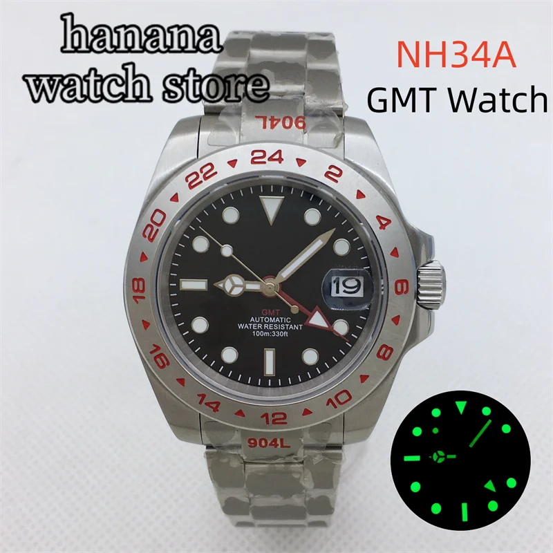 

40mm NH34A GMT functional Automatic Watch For Men Fixed 24-hour bezel Red Digital Index Sapphire Glass Oyster Jubilee bracelet