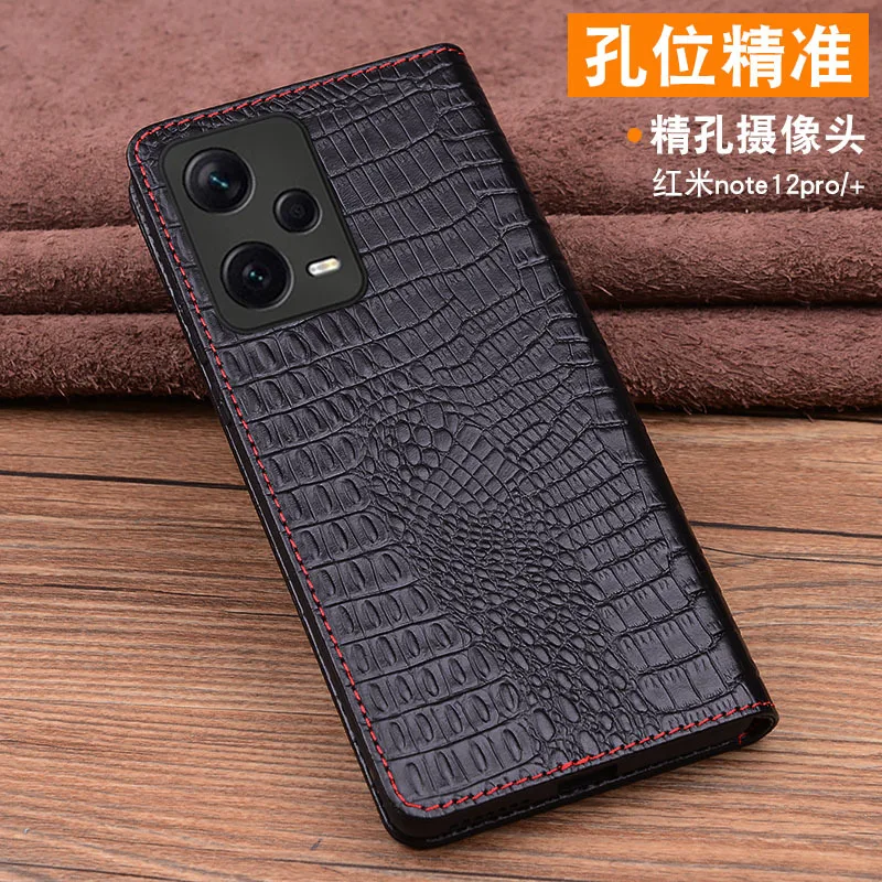 Luxury Genuine Leather Magnet Clasp Phone Case For Xiaomi Redmi Note 12 Pro +plus Kickstand Holster Cover Protective Full Funda