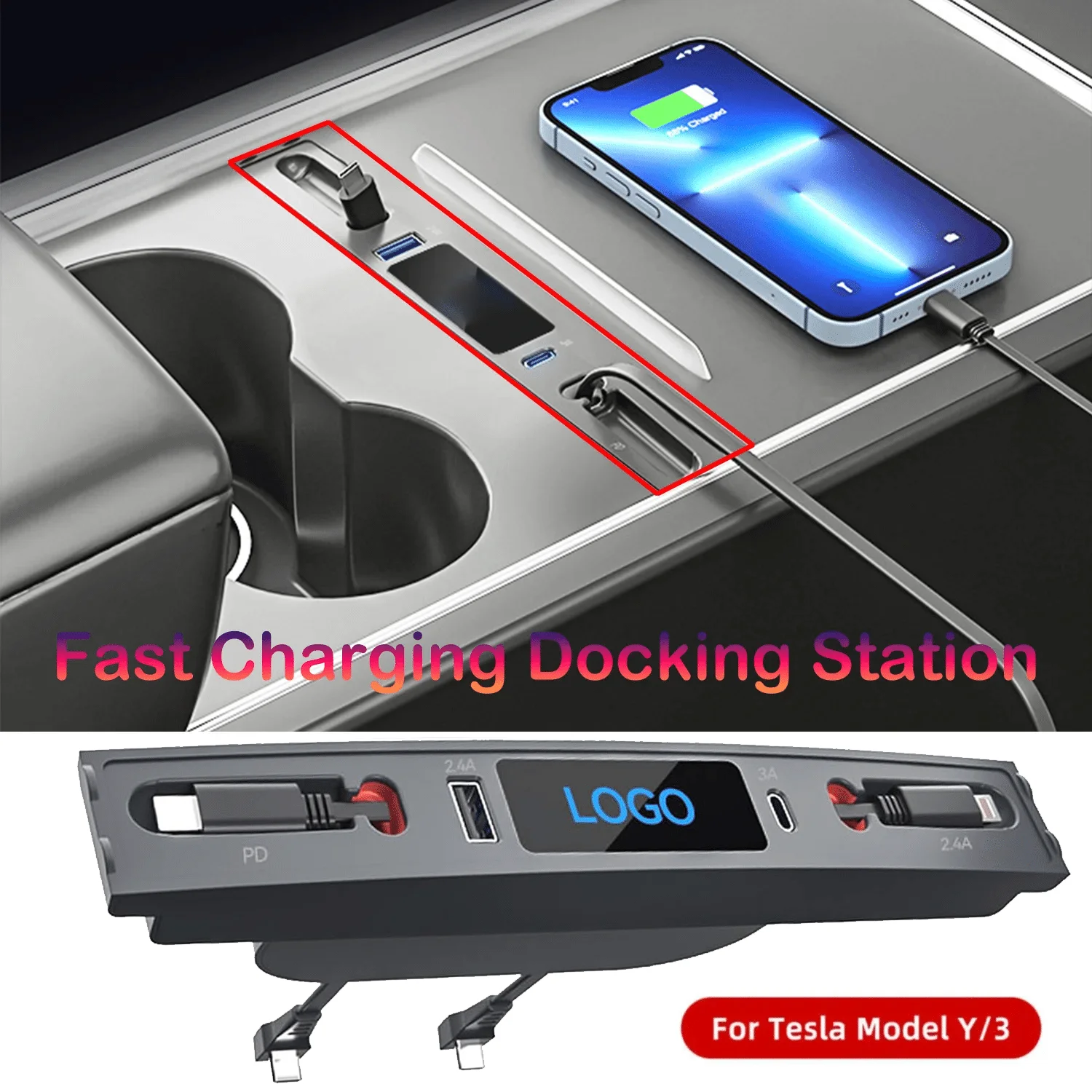 

Telescopic USB Hub Intelligen Docking Station Fast Charging Cable for Tesla Model 3 & Y 2023-2021 Center Console Smart Sensor