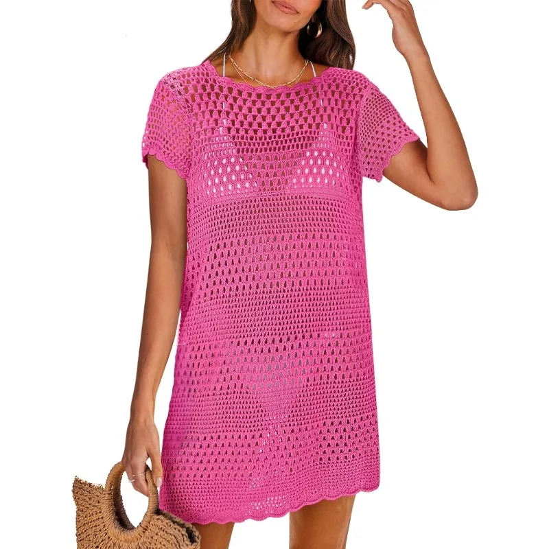 Swimsuit Cover Up for Women 2026 Crochet Bathing Suit Swimwear Mesh Knit Beach Dress Women's Summer Vacation Clothes Dresses - 3