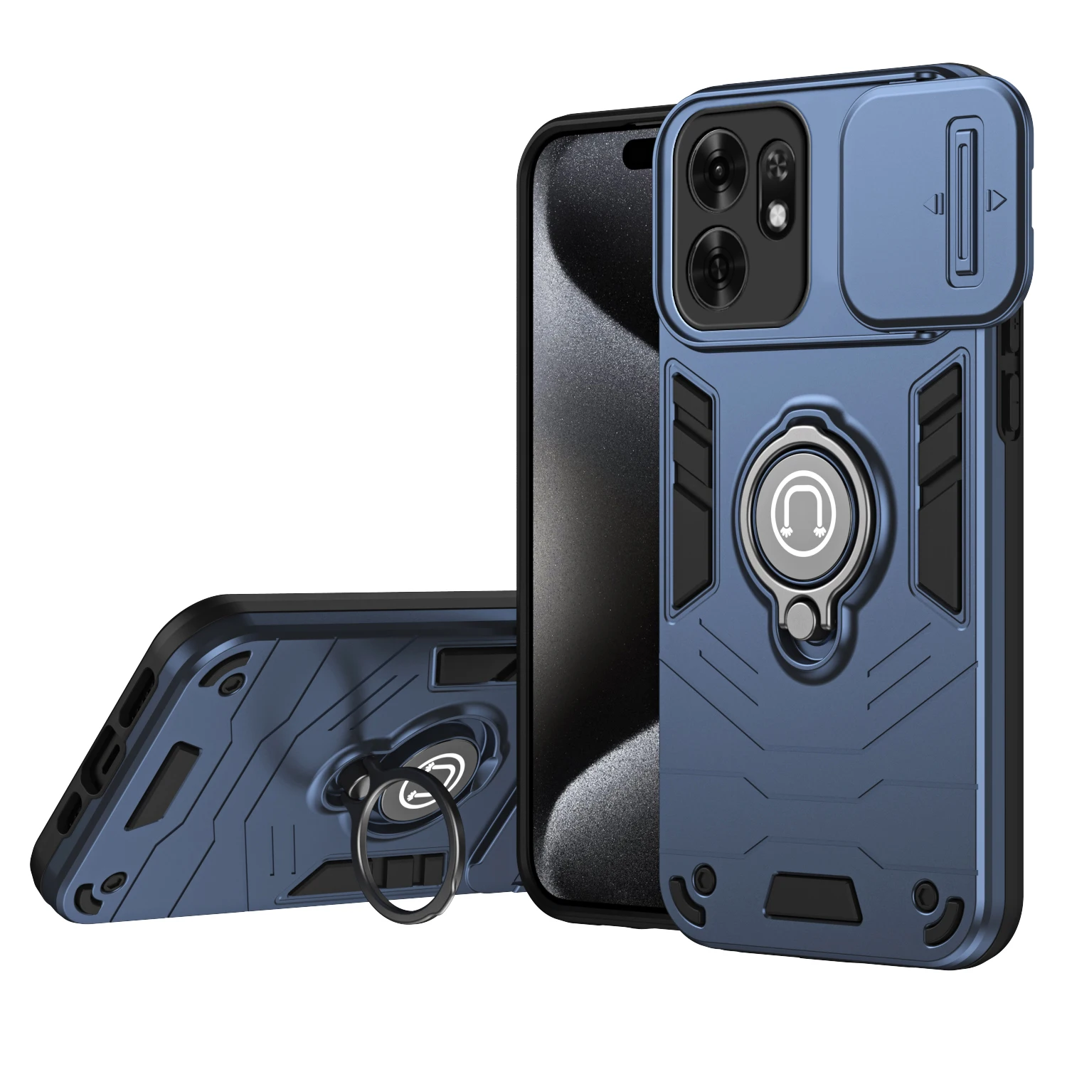 Rugged Armor Shockproof Phone Case with Slide Push Window and Metal Ring Holder