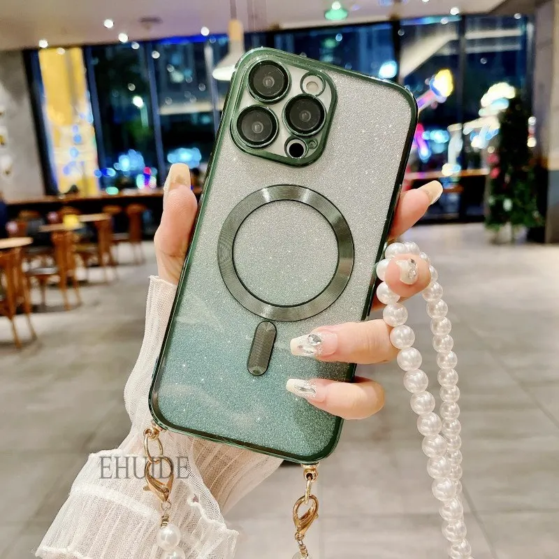 Magnetic Pearl Crossbody Clear Glitter Phone Case with Lanyard Strap
