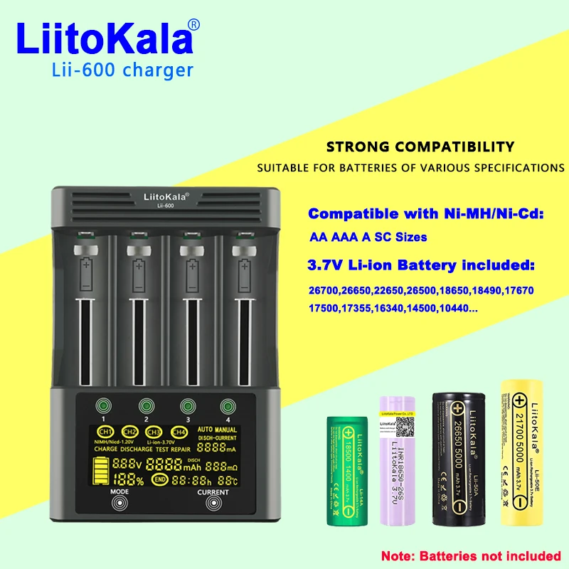 Battery Charger LiitoKala Lii-600 for Li-ion 3.7V NiMH 1.2V Suitable for 18650 26650 21700 26700 AA AAA 12V5A