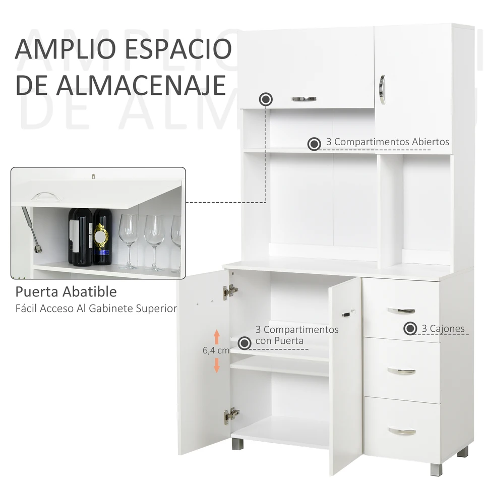 Buffet Haut Cuisine 180 Cm - Meuble Rangement Avec étagères Réglables - Tiroir Et Espace Micro-ondes - Blanc Moderne - 101x39x180 Cm