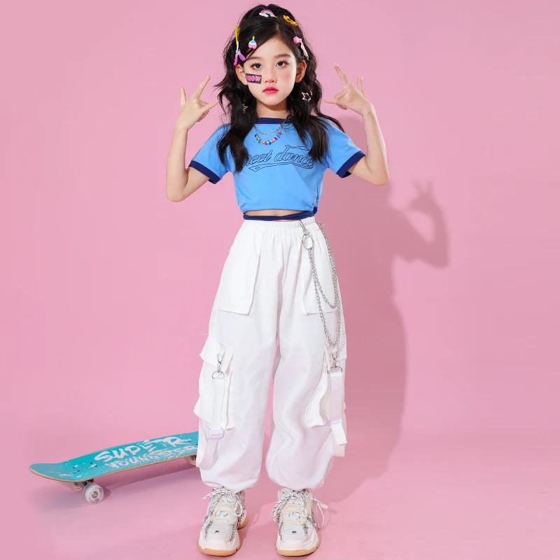 

Girls Summer Jazz Dance Clothes Blue T Shirt White Hip Hop Pants Teenage Loose Street Dance Performance Suit Kid Catwalk Costume