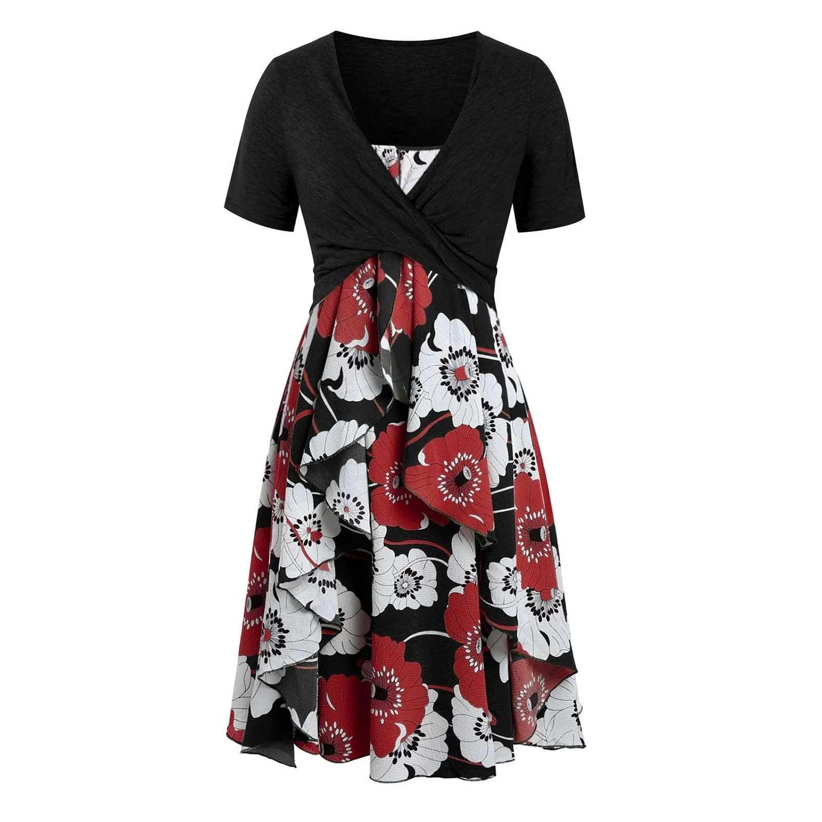 

2023 Summer Women's Dresses Short Sleeve Floral Print Mini Dress With Bow Knot Lacing Flowy Evening Beach Dress