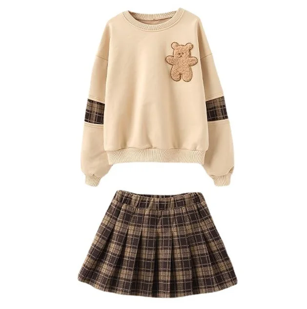 2023 autumn winter Girls Clothes teenager bear hoodie t shirt sweatshirt + plaid shorts JK pleated skirt uniform 5 7 10 12 years