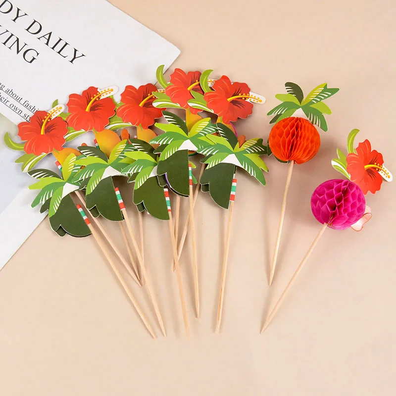 

50Pcs Tropical Flowers Coconut Tree Honeycomb Cake Topper Decor Fruit Fork Food Salad Snack Stick Summer Hawaiian Party Decor