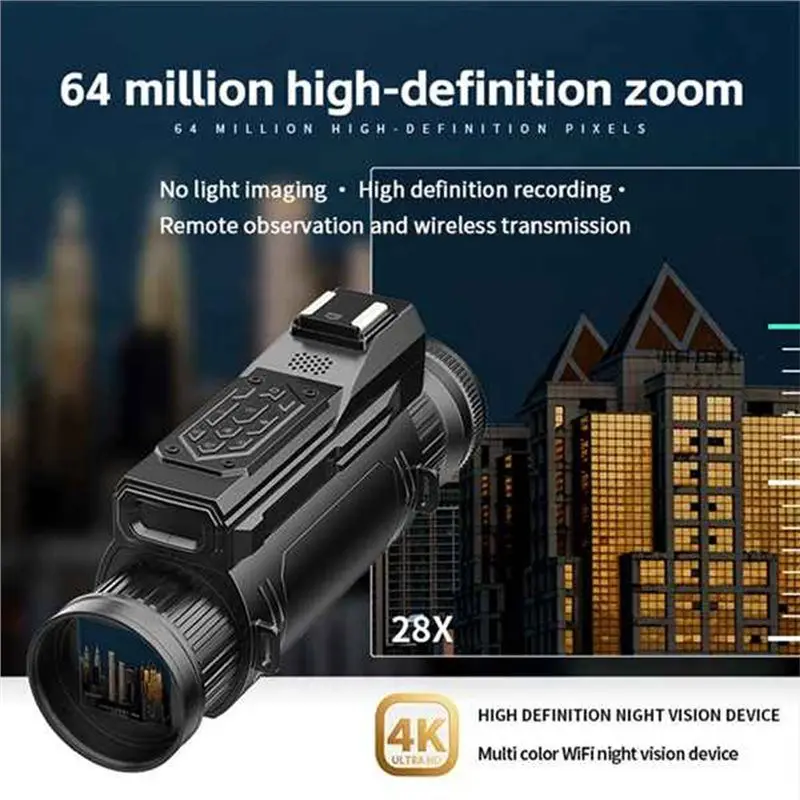 AEF6-D12 4K 디지털 나이트 비전 단안경 28X 적외선 나이트 비전 고글 68MP 디지털 줌 와이파이 망원경(렌즈 후드 포함)