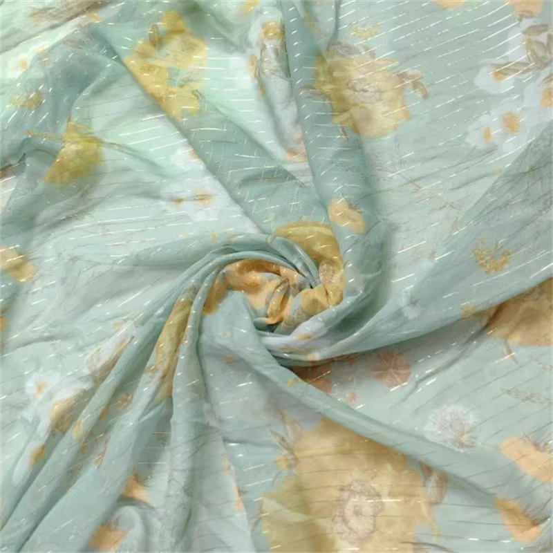 

Женский зеленый Шелковый тканый золотой тонкий прозрачный жоржет 10 Момми 137 ширина с принтом из чистого шелка шифоновая ткань материалы для одежды