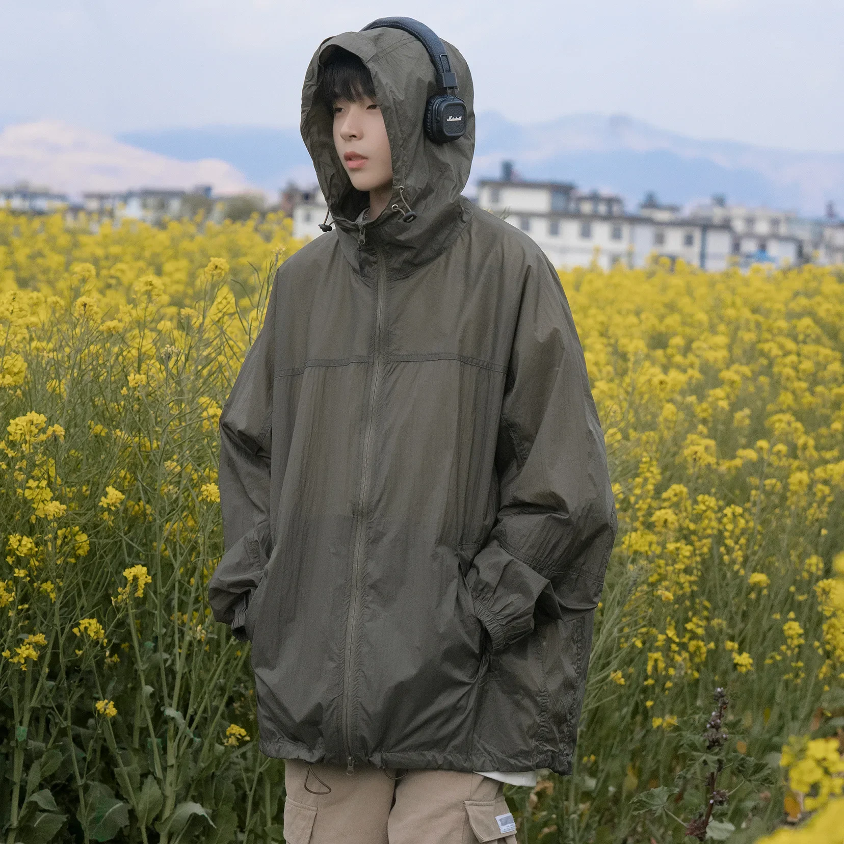 Dark blue sunscreen coat mens summer thin hooded jacket oversize outdoor mountaineering fishing clothing tide