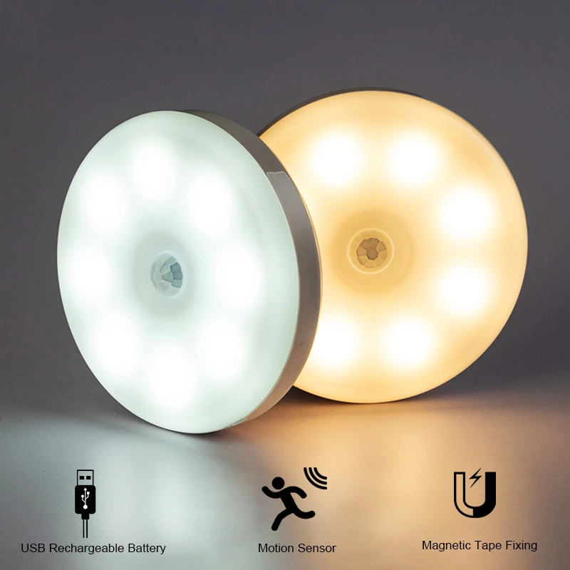  USB Rechargeable Round Motion Sensor Night Lights Under Cabinet Light Closet Lamp Kitchen Bedroom Decoration 
