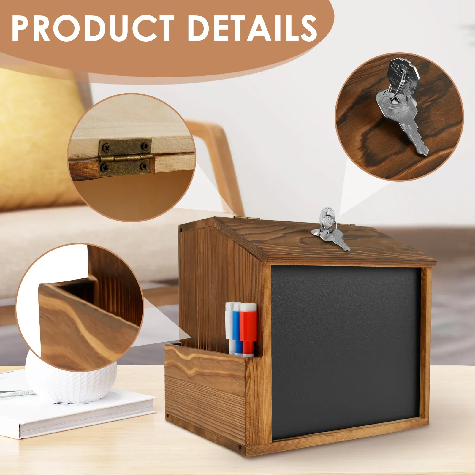 Wood Suggestion Box Wall-mounted Mail Ballot Box Vintage Donation with Slot and Lock Chalkboard Collection for School
