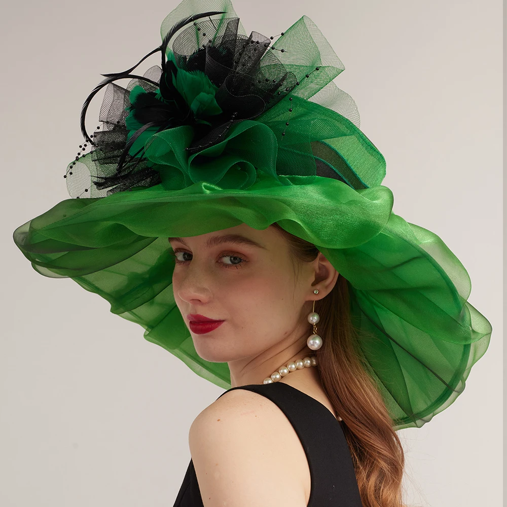 Cappello Fascinator In Organza A Tesa Larga Per Donna - Cappello Da Sole E Derby, Fiore Rimovibile, Taglia Unica 54-58 Cm - 2