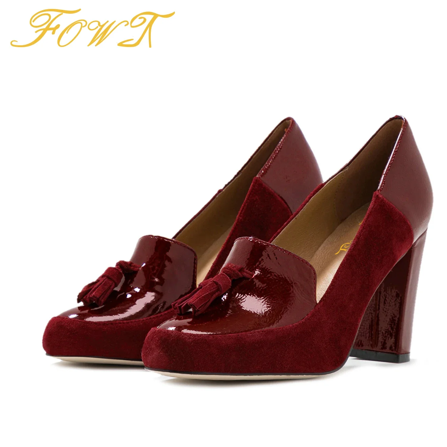 

Red Tassel Patent Leather Women's Pumps High Chunky Heels Round Toe Loafers Ladies Mature Dress Slip On Large Size 15 16 Shoes