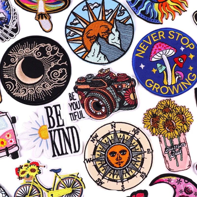 Psychedelic moon and mushroom patches – embroidered iron-on appliques with mystical themes