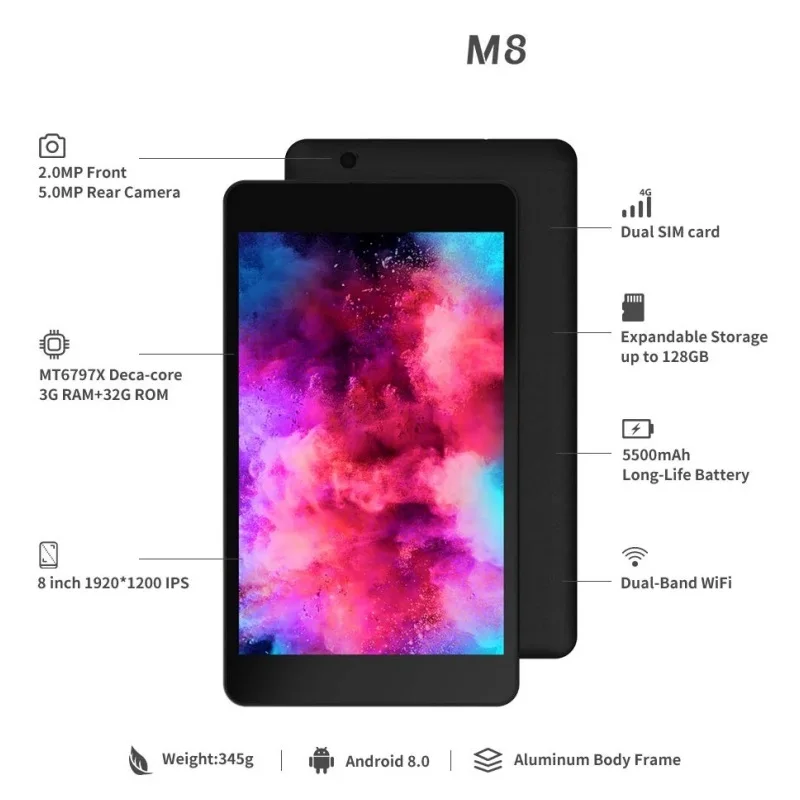The Cheapest M8 4G Phonecall Android 10 Tablet PC 8 Inch AMTK6797 10-Core 3GB Ram 32GB Rom 1920 x 1200 IPS Dual Camera 4000mAh 6