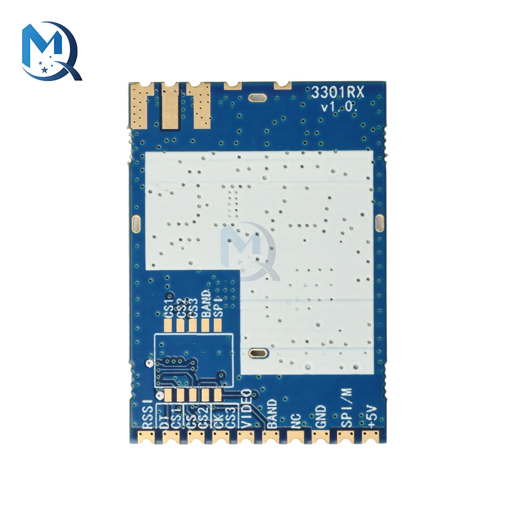 Module récepteur vidéo FPV 3.3GHz montrant les connecteurs d'entrée et sortie, boîtier noir avec dissipateur thermique.