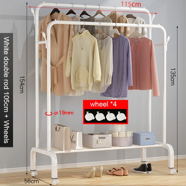 Garment Rack Floor Standing Clothes Hanger Double Pole Coat Rack Wardrobe Clothing Drying Rack Mobile Cloth Rail Home Furniture W wheel Double 105cm