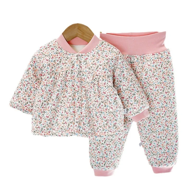 Baby Girsl Winter Coat Suit Clothes Floral Outfit Set Children's Outerwear Jacket Tops +Pants 2PC 0-8Yeas