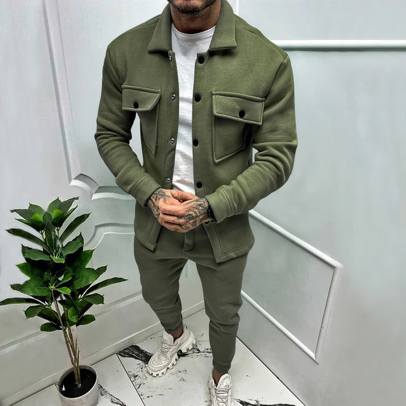 Men's Jacket and Pants Sets Spring Autumn Tracksuit High Quality Thick Solid Bright Color Fashion 2 Piece Suits for Male