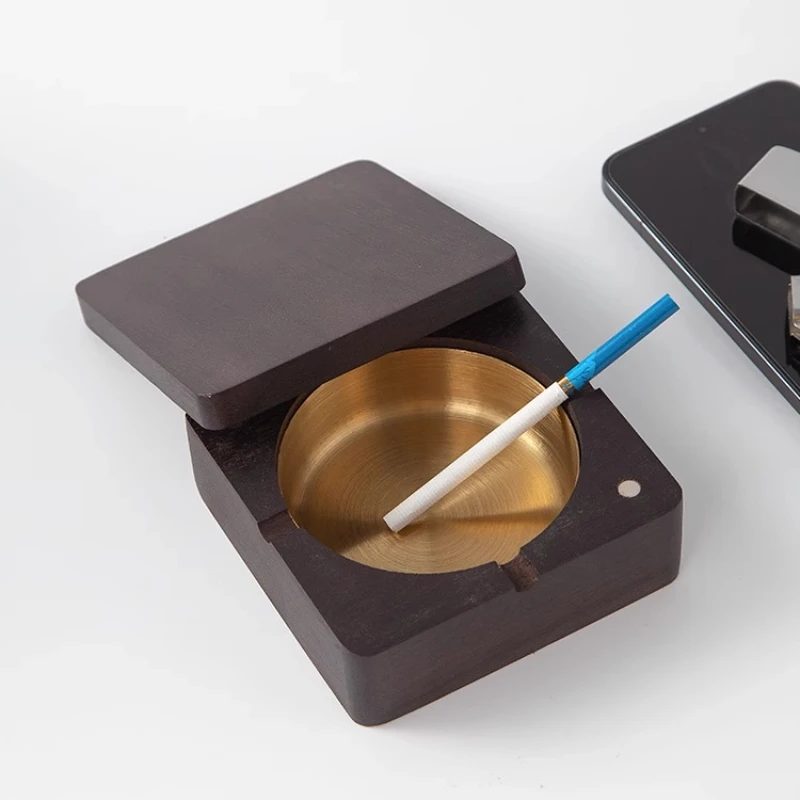 Solid Wood+Stainless Steel Ashtray with Magnetic Attraction Square Lid Anti Fly Ash Home Antique Living Room  Table Decoration