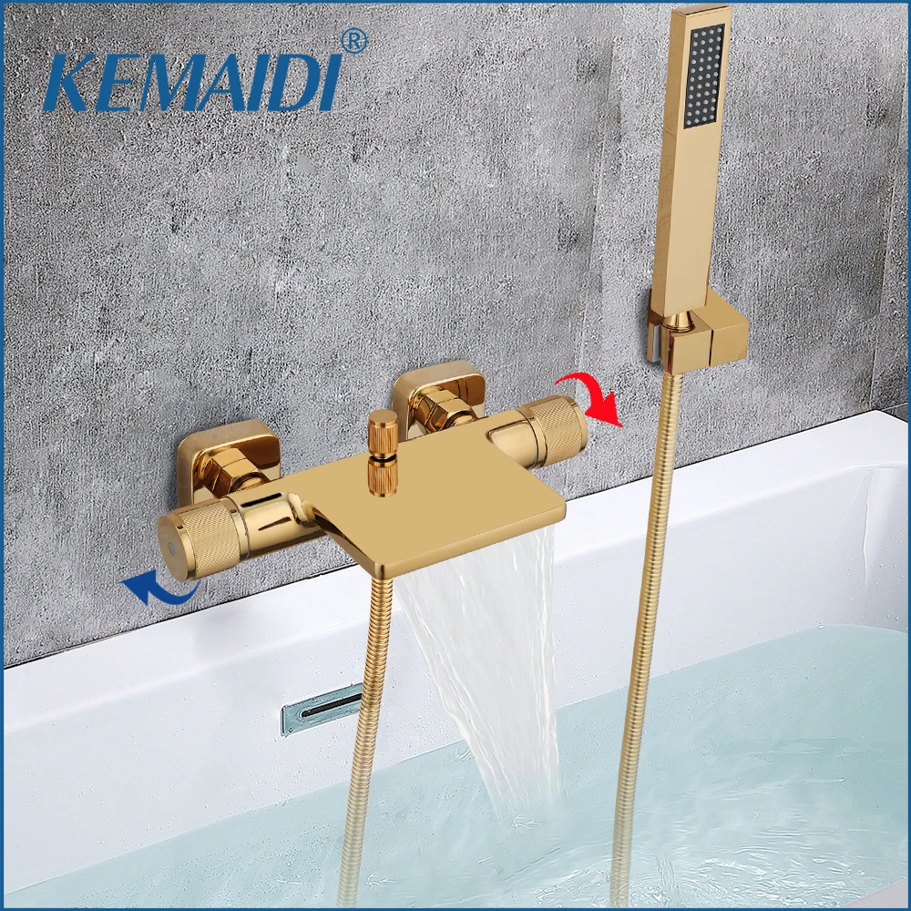 

KEMAIDI Golden Bathroom Tub Faucet Waterfall Spout Mixer Tap with Hand Shower Wall Mounted Bathtub Faucets Cold Hot Water Mixer