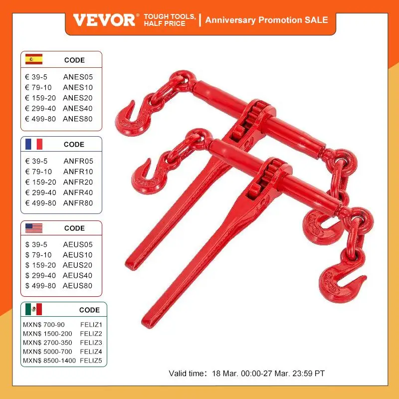 

VEVOR Chain Binder Kit Ratchet Load Binder 5/16-3/8 Inch with Chain 6600 LBS Capacity Adjustable Length for Tie Down Hauling Tow