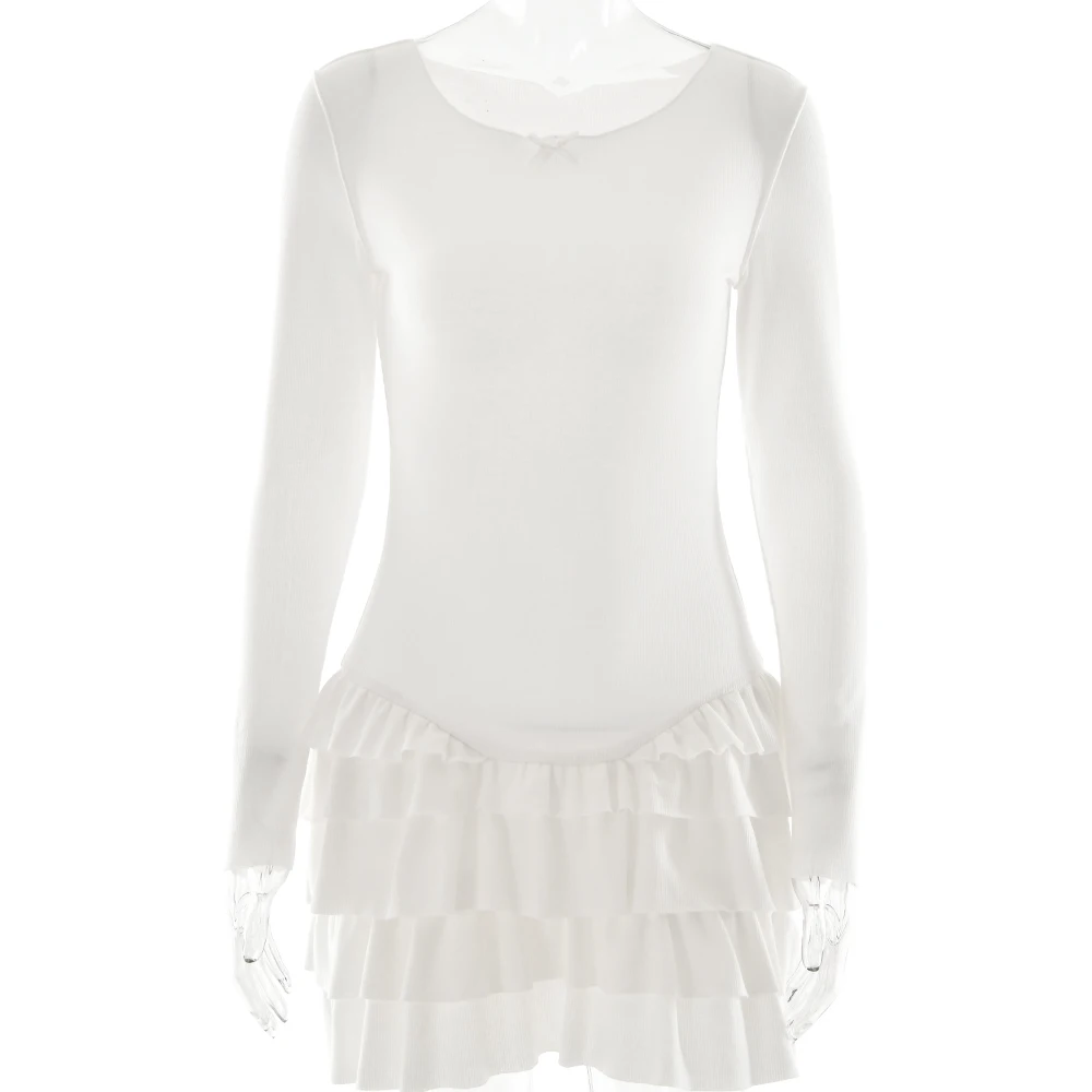 JULISSA MO Ribbed Round Neck Ruffles Women Dress White Long Sleeve High Waist Dress Female Autumn Skinny Elegant Streetwear 2025